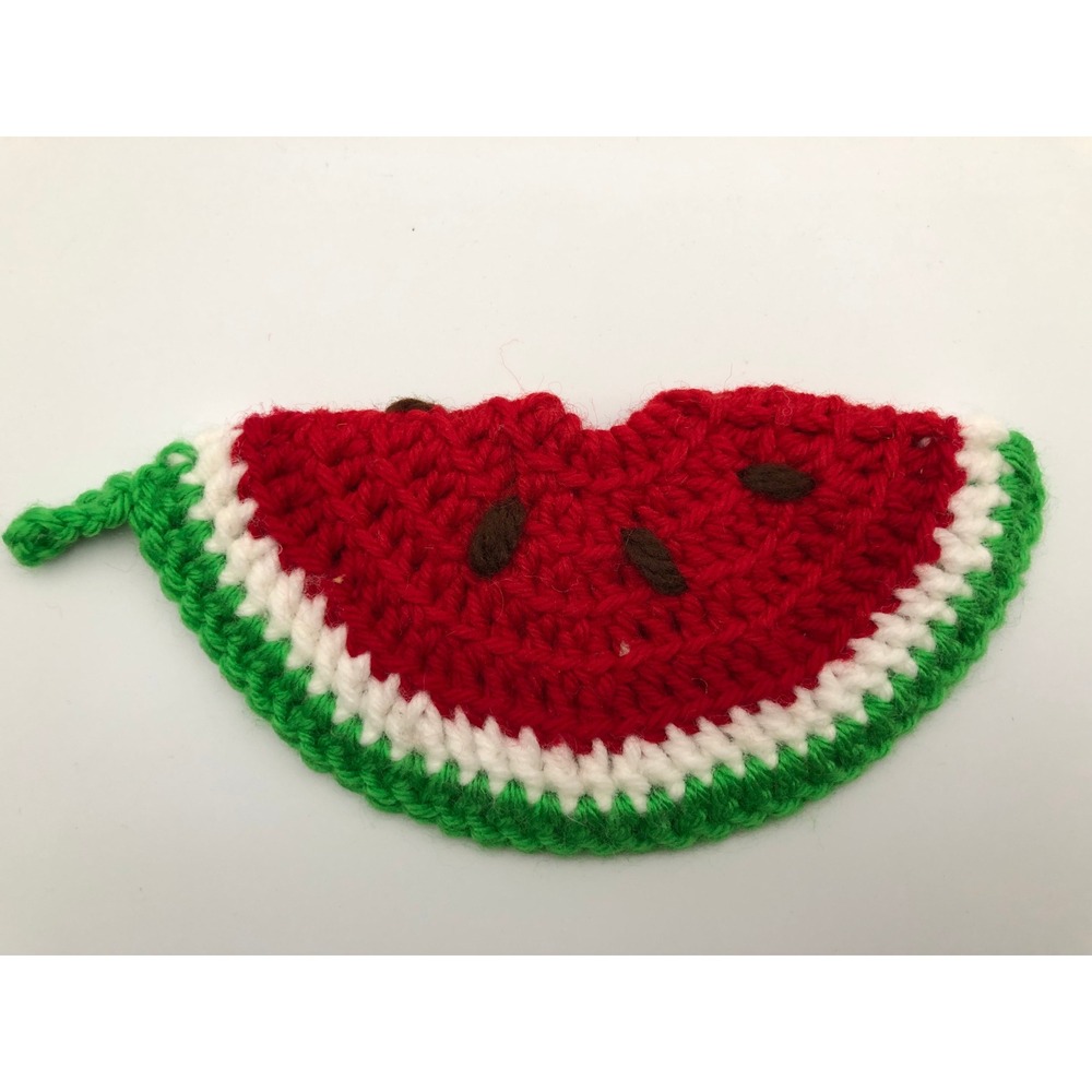 VTG Handmade Crochet Watermelon Slice Potholder Kitchen Trivet Red Green Decor